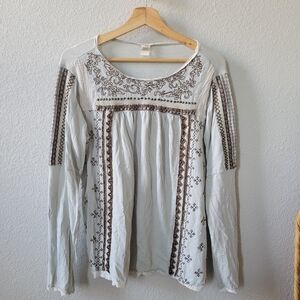 Sundance Grey Long Sleeve Embroidered & Beaded Boho Top, Size Large
